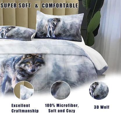 Bodhi Wild Wolf Comforter Set King for Boys,Mens Wolf Bedding Set, Wolf Standing in The Forest Surrounded by Fog, Wolf Comforter with Matching Pillowcases, 1 Comforter+2 Pillow Shams #4018
