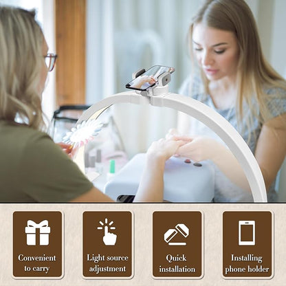 LIGHTLY Half Moon Light for Nail Desk Foldable with Phone Holder, Nail Tech Lamp for Desk with Wire Controller, 3 Color Modes, 5 Brightness for Eyelash Extensions, Tattoo, Nail Art Lighting