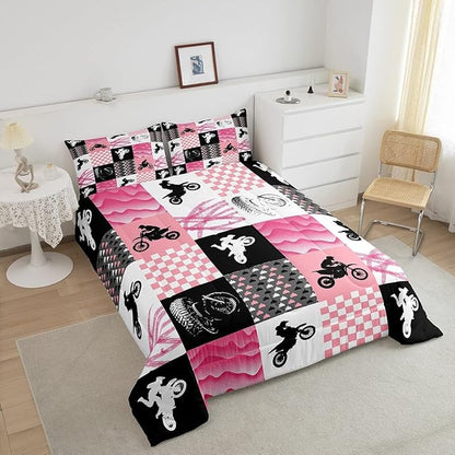 Motocross Comforter Set, Dirt Bike Bedding Sets & Collections King, Motorcycle Rider Down Comforter for Kids Boys Girls, Motorbike Extreme Sport Game Comforter Set, Buffalo Plaid, Pink Grey Black