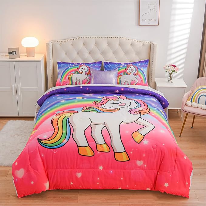 Aimuan Girls Unicorn Comforter Set 6 Pieces Pink Purple Bedding Set with Rainbow Star Galaxy Stars Fantasy Children Room Decor Soft Reversible Bed Sets for Boys/Girls/Teens (Pink-purple Twin6Pcs)