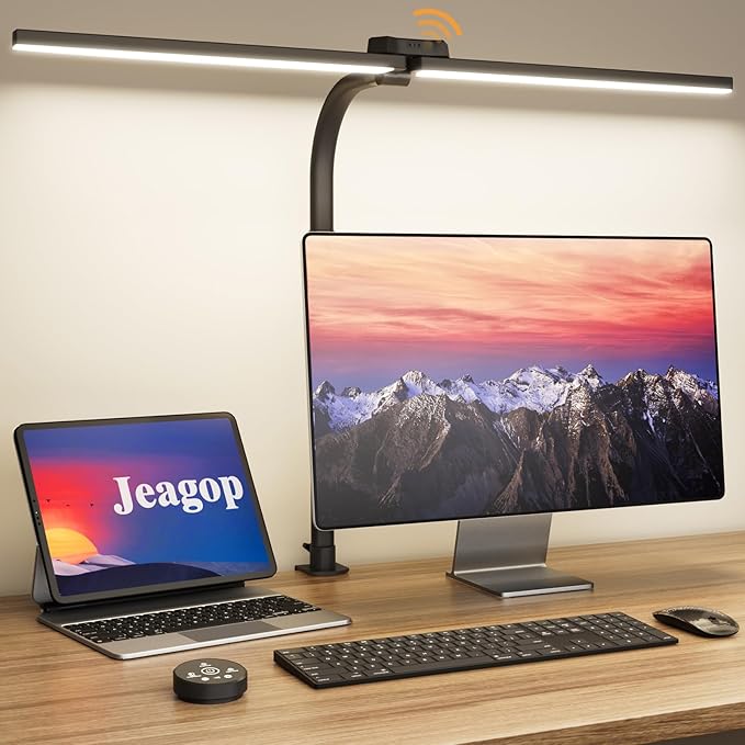 LED Desk Lamp for Home Office, 24W Double Head Architect Desk Lamp with Clamp, Remote Control, Adjustable Gooseneck, Stepless Dimming and Tempering Desk Light for Reading Study Drafting