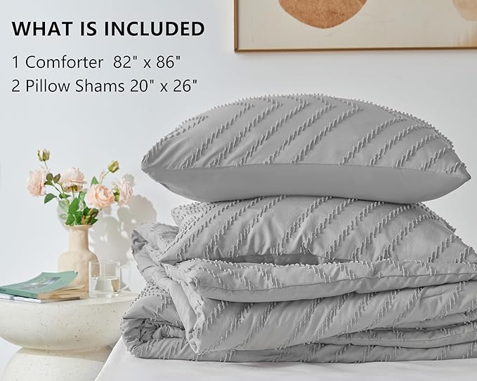 CozyLux Full Size Comforter Set Light Grey - 3 Pieces Boho Tufted Shabby Chic Bedding Comforter Set for All Seasons, Chevron Bedding Sets with Comforter & 2 Pillow Shams