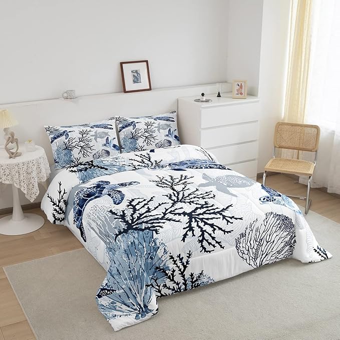 Turtle Comforter Set Twin,White Blue Hawaiian Turtle Bedding for Kids,Reptile Tortoise Quilt Duvet Set Coastal Beach Theme Comforter Retro Sea Turtle Bed Set for Boys Girls Bedroom Decor(Marine life)