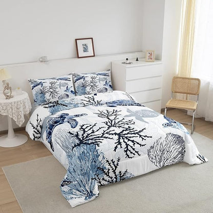 Turtle Comforter Set Twin,White Blue Hawaiian Turtle Bedding for Kids,Reptile Tortoise Quilt Duvet Set Coastal Beach Theme Comforter Retro Sea Turtle Bed Set for Boys Girls Bedroom Decor(Marine life)