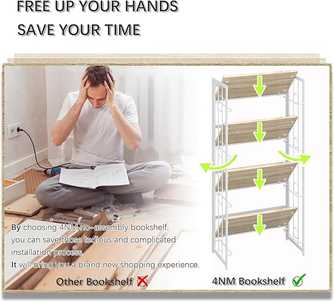 4NM No-Assembly 4 Tiers Folding Bookshelf Storage Shelves Vintage Bookcase Standing Racks Study Organizer Home Office - Natural and White