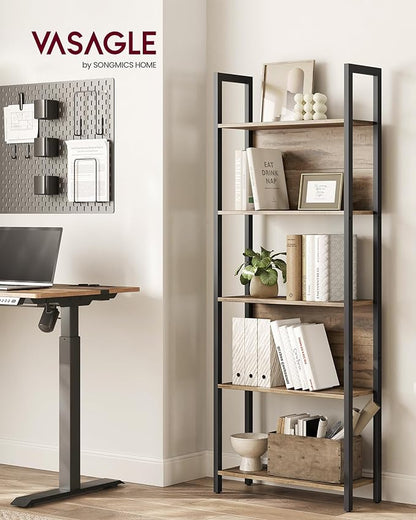 VASAGLE 5-Tier Bookshelf, Book Shelf, Industrial Bookcase, with Steel Frame, for Living Room, Home Office, Bedroom, 9.4 x 24.4 x 65 Inches, Camel Brown and Black ULLS025B50