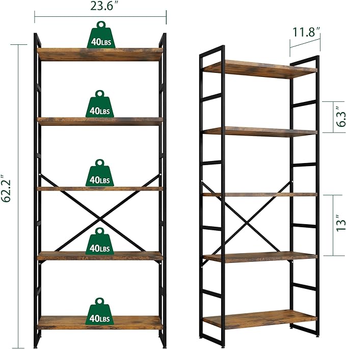 Shintenchi Bookshelf, 5 Tier Bookshelf, Tall Bookcase Shelf for CDs/Movies/Books, Home Office Bookcase Shelf Storage Organizer, Modern Book Shelf for Bedroom/Living Room/Home Office, Rustic Brown
