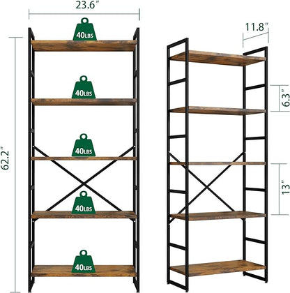 Shintenchi Bookshelf, 5 Tier Bookshelf, Tall Bookcase Shelf for CDs/Movies/Books, Home Office Bookcase Shelf Storage Organizer, Modern Book Shelf for Bedroom/Living Room/Home Office, Rustic Brown