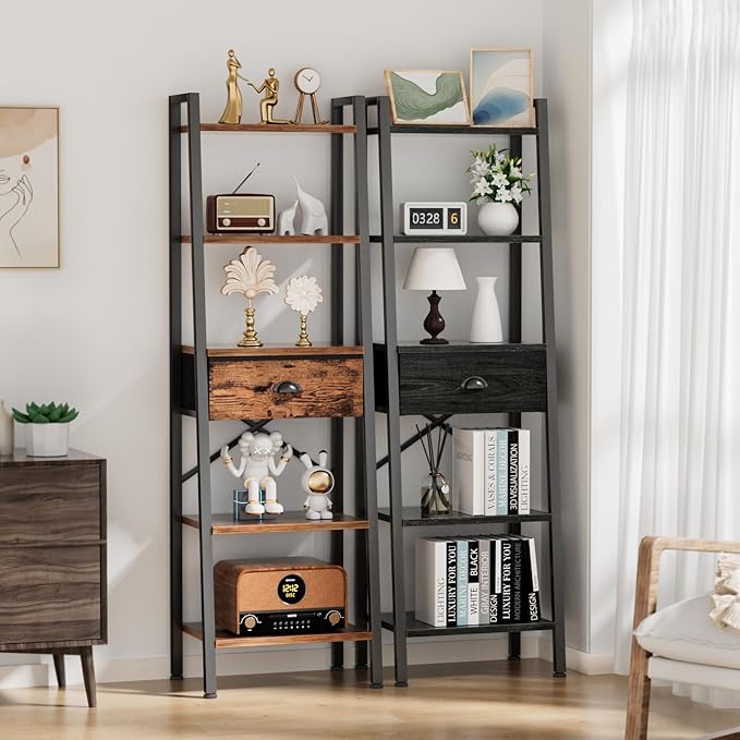 Furologee 5 Tier Ladder Shelf with Drawer, Tall Bookshelf Storage Shelves, Bookcase Standing Shelf Units, Industrial Open Display Shelves Organizer for Bedroom, Living Room, Kitchen, Rustic Brown…