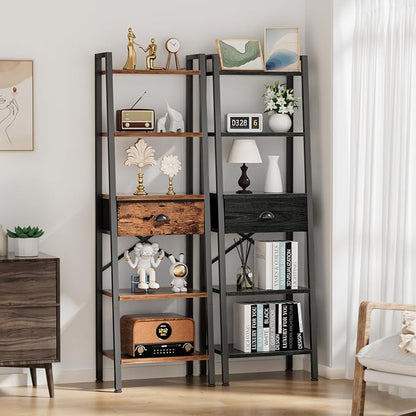 Furologee 5 Tier Ladder Shelf with Drawer, Tall Bookshelf Storage Shelves, Bookcase Standing Shelf Units, Industrial Open Display Shelves Organizer for Bedroom, Living Room, Kitchen, Rustic Brown…