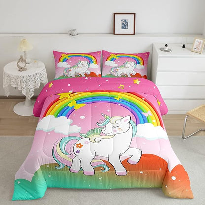 Kids Kawaii Unicorn Queen Comforter Set Girls Unicorn Bedding Stars Rainbow Gradient Quilted Duvet Cartoon Musical Notes Duvet Set Children Unicorn Animals Reversible Down Comforter,Multicolor 3Pcs