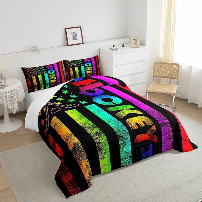 Erosebridal Boys Ice Hockey Bedding Set Full Neon Rainbow American Flag Comforter Set for Kids Teen,Winter Sports Games Bed Comforter Set Retro Colorful Stripes Stars Quilt Duvet 2 Pillow Cases Black