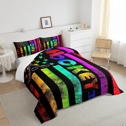 Erosebridal Boys Ice Hockey Bedding Set Twin Neon Rainbow American Flag Comforter Set for Kids Teen,Winter Sports Games Bed Comforter Set Retro Colorful Stripes Stars Quilt Duvet 1 Pillow Case Black