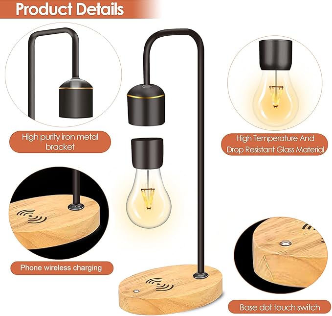 Magnetic Levitating Light Bulb Levitation Real Wood Black Floating Desk Lamp LED Night Lights with Luxury Wireless Charging Pad (Apple/Android) for Christmas Gift