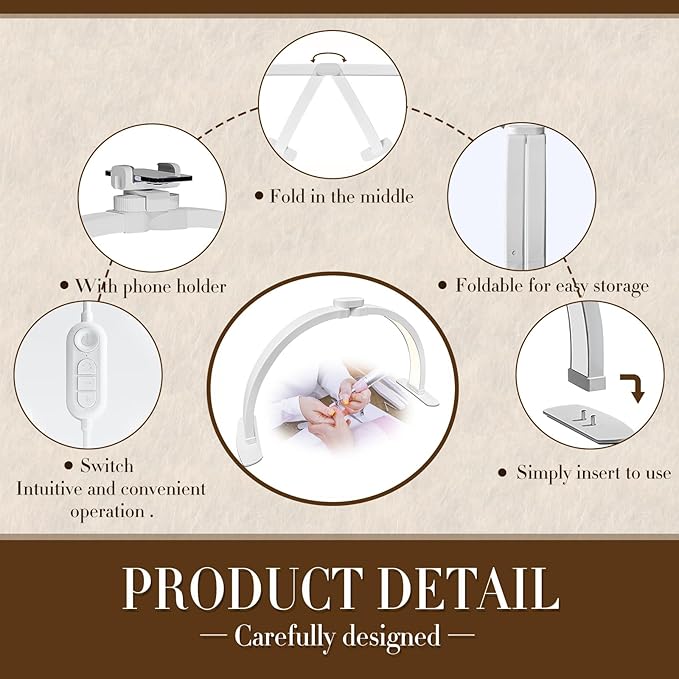 LIGHTLY Half Moon Light for Nail Desk Foldable with Phone Holder, Nail Tech Lamp for Desk with Wire Controller, 3 Color Modes, 5 Brightness for Eyelash Extensions, Tattoo, Nail Art Lighting