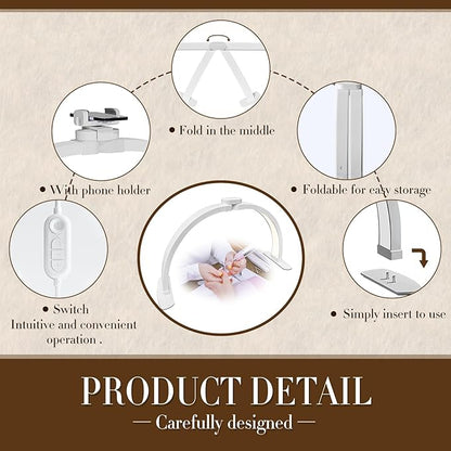 LIGHTLY Half Moon Light for Nail Desk Foldable with Phone Holder, Nail Tech Lamp for Desk with Wire Controller, 3 Color Modes, 5 Brightness for Eyelash Extensions, Tattoo, Nail Art Lighting