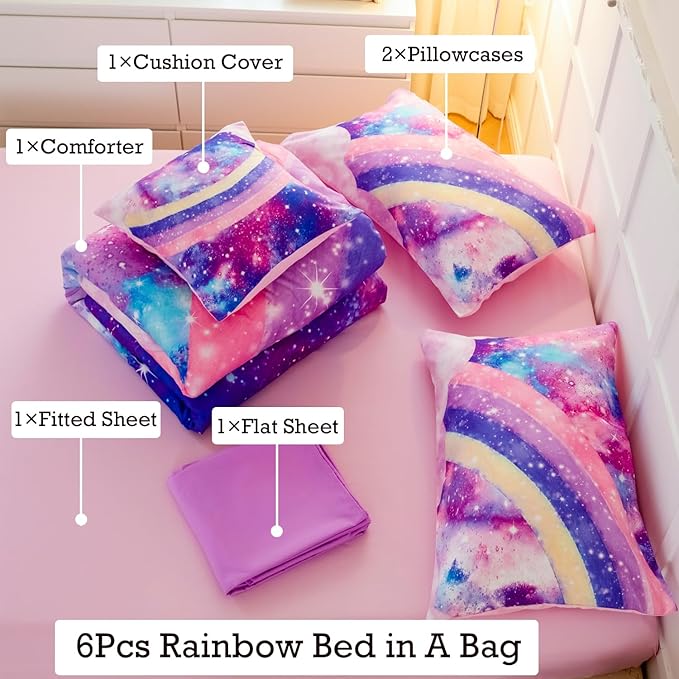 6 Pcs Tie Dye Pink Twin Comforter Set for Girls, 3D Rainbow Galaxy Gradient Themed Bed in A Bag, Pastle Nebula Kids Bedding Set with Sheets, Comforter and Pillowcases for All Season