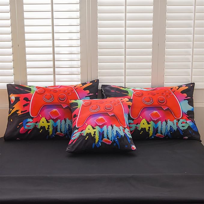Aimuan Gaming Comforter Sets for Boys Kids Bedding Sets Video Games Console Action Buttons Novelty Colorful Game Gamepad Controller Modern Gamer Room Decor Home Quilt Set (Queen 6 Pcs,Black)