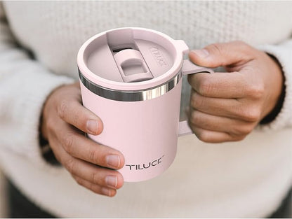 TILUCK 12 oz Insulated Coffee Mug with Lid and Handle | BPA-Free Lid, Double-Wall Vacuum Insulation, Stainless Steel Coffee Cup, Dishwasher Safe Mug for Hot & Cold Drinks, LightPink