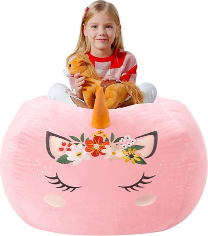 Aubliss Stuffed Animal Storage, Velvet Bean Bag Chairs Cover, Large 32" Ultra Soft Kids Toy Storage Organizer for Blankets Towels Clothes, Pink Floral