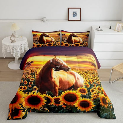 Erosebridal Brown Horse Comforter Set King Size for Kids Adult Teens Farmhouse Decor Sunflower Bedding with Sunset, Cowboys 3D Wild Animal Horse Print Quilt Rustic Style Cowgirls Down Comforter