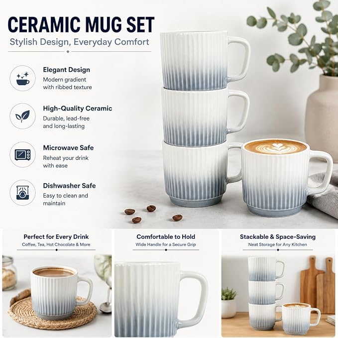 8 oz Stackable Coffee Mugs Set of 4, Ceramic Coffee Mug Cappuccino Cups | Coffee Cup for Hot Drinks, Latte, Cocoa & Tea, Coffee Mug for Home & Office Use, Birthday Gift for Coffee Lovers, Grey