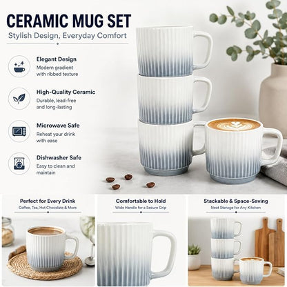 8 oz Stackable Coffee Mugs Set of 4, Ceramic Coffee Mug Cappuccino Cups | Coffee Cup for Hot Drinks, Latte, Cocoa & Tea, Coffee Mug for Home & Office Use, Birthday Gift for Coffee Lovers, Grey