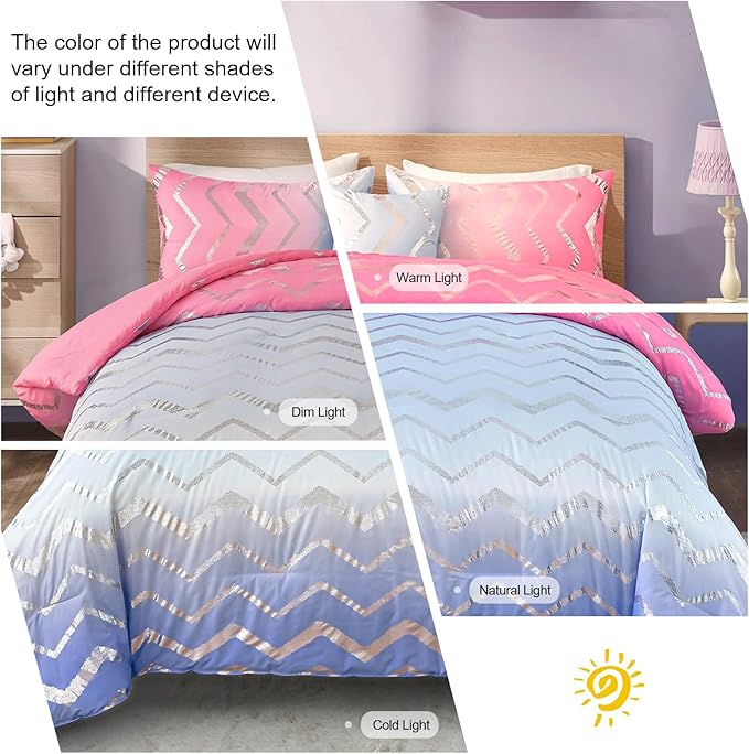 Girls Comforter Set Queen Size Ombre Pink Purple Bedding Colorful Rainbow Comforter for Kids Teen Women,4 Pieces (1 Comforter,2 Pillowcase,1 Decorative Pillow Sham)