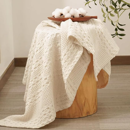 PHF 100% Cotton Waffle Weave Throw Blanket, Soft Lightweight Breathable Cozy Summer Throws for Couch Bed Sofa, Luxury Aesthetic Woven Blanket for Home Decor & Office, 50"x60", Undyed