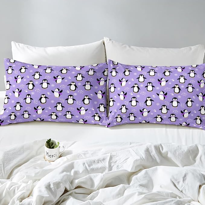 Penguin Comforter Set Full Size Kawaii Penguin Down Comforter Antarctic Animal Bedding Set for Kids Boys Girls Teens Cartoon Cute Winter Quilt Set Snowflake Pattern Duvet Set Room Decor, Purple