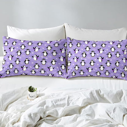 Penguin Comforter Set Twin Size Kawaii Penguin Down Comforter Antarctic Animal Bedding Set for Kids Boys Girls Teens Cartoon Cute Winter Quilt Set Snowflake Pattern Duvet Set Room Decor, Purple