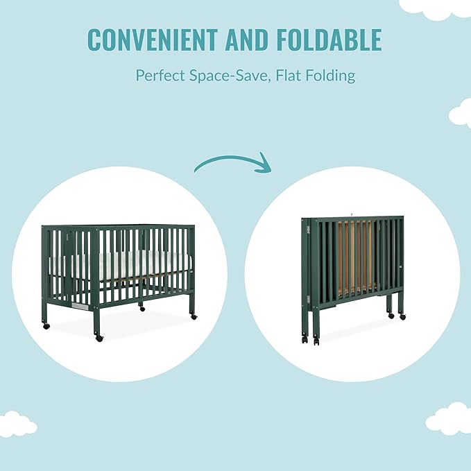 Quinn Full-Size Folding Crib in Olive, Removeable Wheels, Modern Nursey, Adjustable Mattress Support, Portable Crib, Patented Folding System