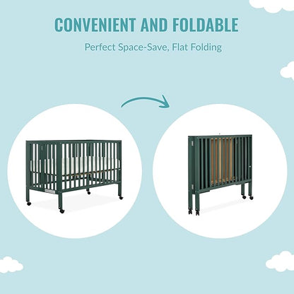 Quinn Full-Size Folding Crib in Olive, Removeable Wheels, Modern Nursey, Adjustable Mattress Support, Portable Crib, Patented Folding System