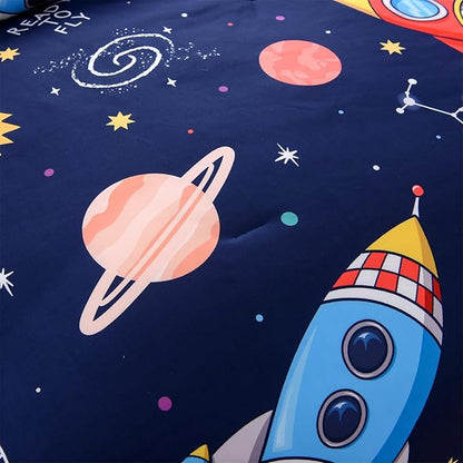 Aimuan Space Bedding Set Kid Rocket Comforter Set Full Size Super Soft & Cute Aliens UFO Printed Quilt Set for Teen Boys Girls (Navy, Full)
