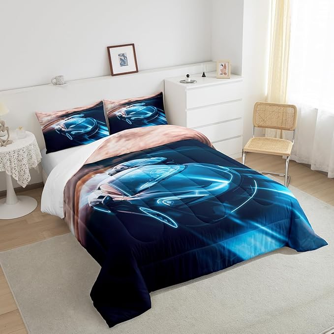 Erosebridal King Size Comforter Set for Boys Race Car Bedding Bedroom Decor, Sports Car for Boys Girls Teen Kids Children Car Racing Gifts, Race Cars Bed Set,Blue Black