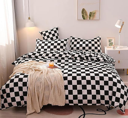 Black White Grid Comforter Queen Black Plaid Bedding Set Women Black and White Checkered Bed Comforter Set Breathable Blanket Set Men Durable Bedding Comforter Set