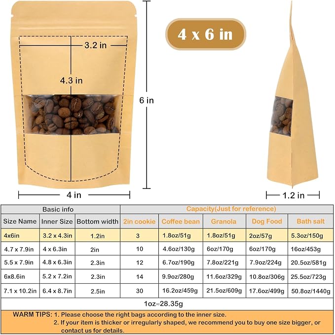 50 Pack Kraft Paper Resealable Bags with Clear Window (4 X 6 Inches) | Heat Sealable Stand Up Pouch Bags with Tear Notches for Small Business, Spices, Granola Storage