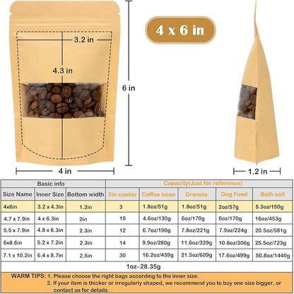 50 Pack Kraft Paper Resealable Bags with Clear Window (4 X 6 Inches) | Heat Sealable Stand Up Pouch Bags with Tear Notches for Small Business, Spices, Granola Storage