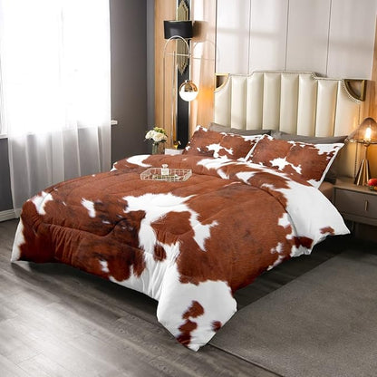 Cow Print Comforter Set Queen Size,Cowhide Print Bedding Set Teens Adults,Farmhouse Animal Hair Down Comforter,Rustic Western Bedding For Kids Boys Girls Teens Adult Bedroom Decor, Brown White