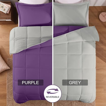 Basic Beyond Queen Comforter Set - Fluffy Comforter Queen Set for All Seasons - Reversible Purple Comforter Set Queen for Mens - 3 Pieces (1 Comforter + 2 Pillow Shams) - Purple/Grey