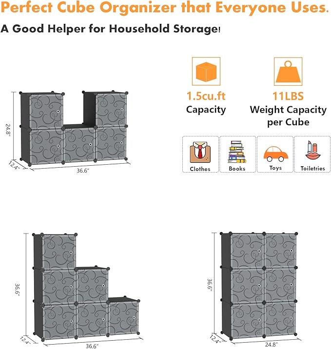 C&AHOME Cube Storage Organizer with Doors, 6-Cube Shelves, Closet Cabinet, DIY Plastic Modular Bookshelf Ideal for Bedroom, Living Room, 36.6”L x 12.4”W x 36.6”H Black SHS3006B-DOOR