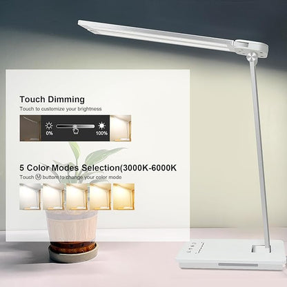 Desk Lamp Dimmable Table Lamp Foldable Reading Lamp Double Swing Arm Desk Light with USB Charging Port,5 Light Modes, Touch Control, Auto-Off Timer, Eye-Caring Led Desk Lamp (Silver)