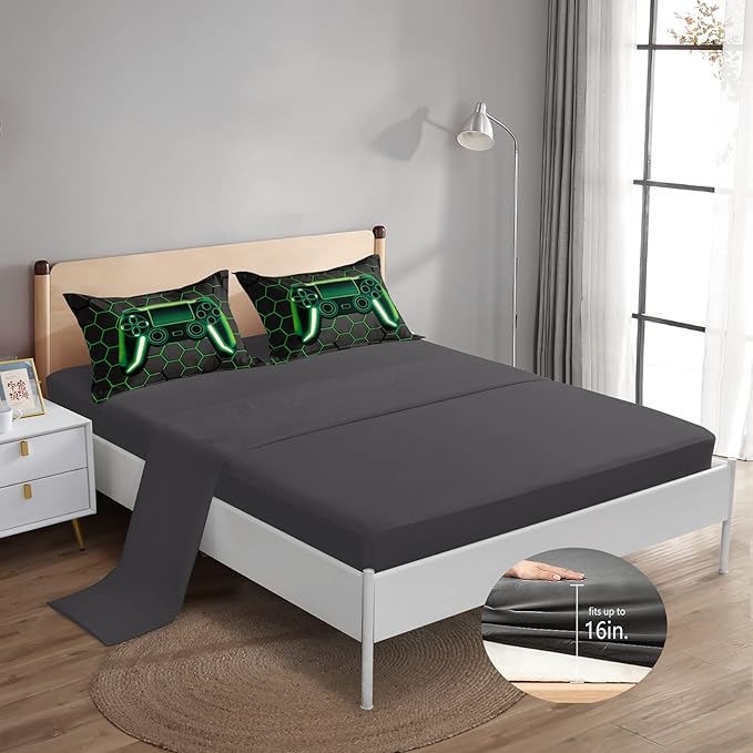 6 Pieces Gaming Bedding Set for Boys Gamer Comforter Set Queen Size,Video Game Comforter for Kids Adult 3D Gaming Geometric Microfiber Bedding Sets 6 Pieces Bed in A Bag Sets H50021,Queen