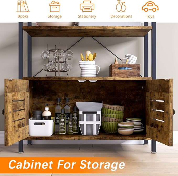 Storage Cabinet with 3 Open Shelves, 1 Cupboard Large Kitchen Industrial Display Standing Shelf, Rustic Brown Wooden and Metal FrameShelf for Living Room, Bedroom, Home Office Organizer
