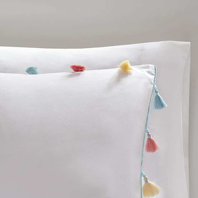Mi Zone Kids Tessa Cozy Comforter Set, Colorful Fun Design All Season Children Bedding Girls Bedroom Décor, Full/Queen, White with Colorful Tassel 4 Piece