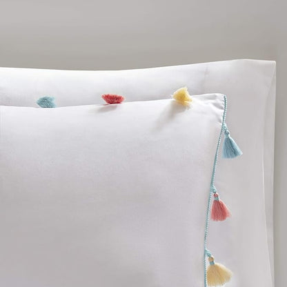 Mi Zone Kids Tessa Cozy Comforter Set, Colorful Fun Design All Season Children Bedding Girls Bedroom Décor, Full/Queen, White with Colorful Tassel 4 Piece