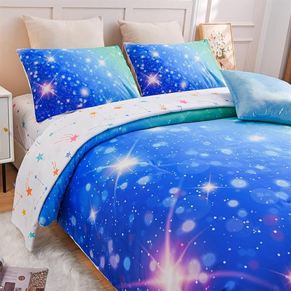 A Nice Night 6Pcs Gradient Glitter Bedding Set for Girls, Colorful Rainbow Galaxy Comforter Set, Ultra Soft Bedding Sets (Blue-Green,Queen 6Pcs)