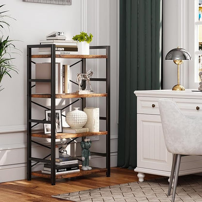Bookshelf, 4 Tier Small Bookcase, Organizers and Storage, Metal Small Bookcase, Rustic Book Shelf Organization and Storage for Living Room, Bedroom, and Home Office(Rustic Brown)
