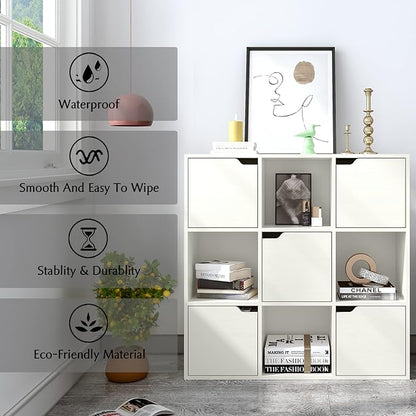 9-Cube Storage Shelf Bookcase - Wooden 3-Tier Floor Standing Open Bookshelf with Doors for Home and Office, Display Cabinet, Warm White