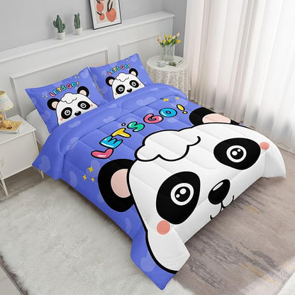 Datura home Panda Comforter Bedding Set for Boys Girls Kids Teens,Cartoon Panda Blue Heart Kawaii Animal Theme with 1 Comforter and 2 Pillowcases(Panda Twin)